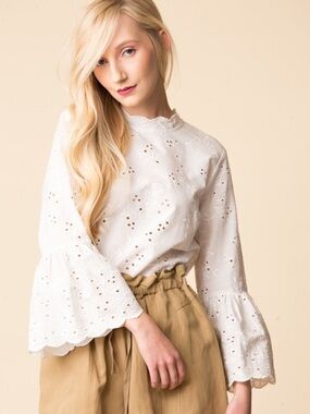 Ulla Johnson White Grace Eyelet Embroidery Ruffle Bell Sleeve Blouse US4 Luxury